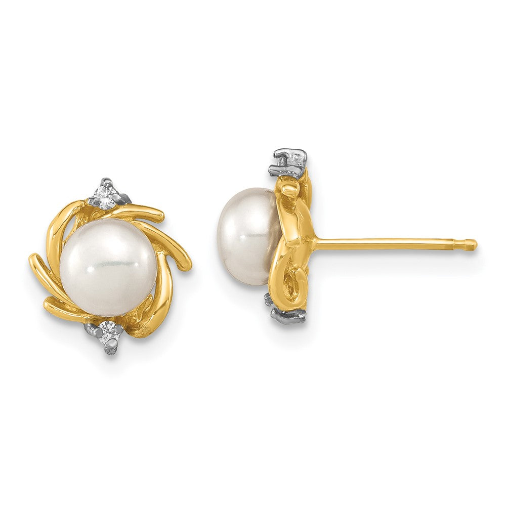 14K Madi K 5-6mm Button White FWC Pearl .04ct. Diamond Earrings (1.32 grams)