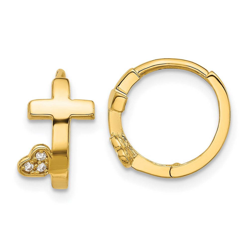 14k Madi K Polished Cross w/CZ Heart Hinged Huggie Hoop Earrings (1.42 grams)