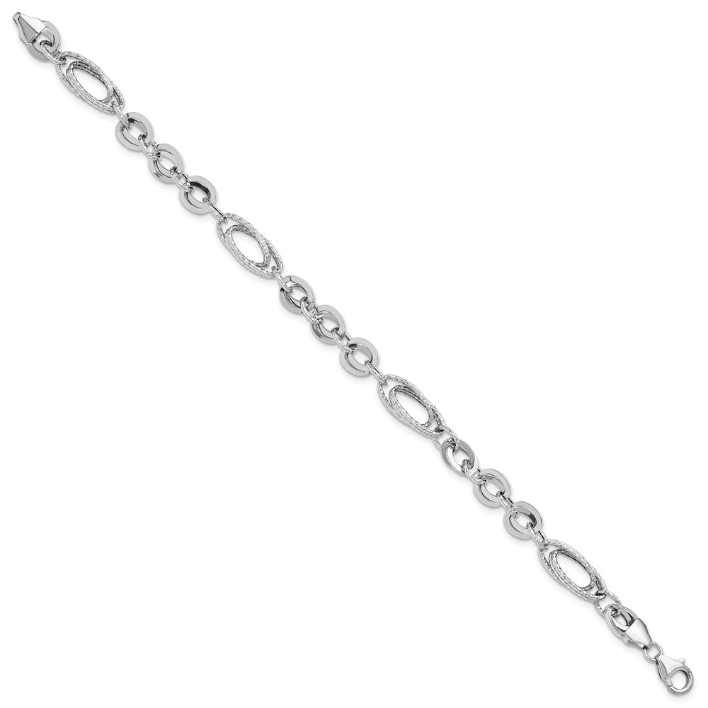14k White Gold 8 mm White Polished & Textured Oval Fancy Link Bracelet (4.17 grams)