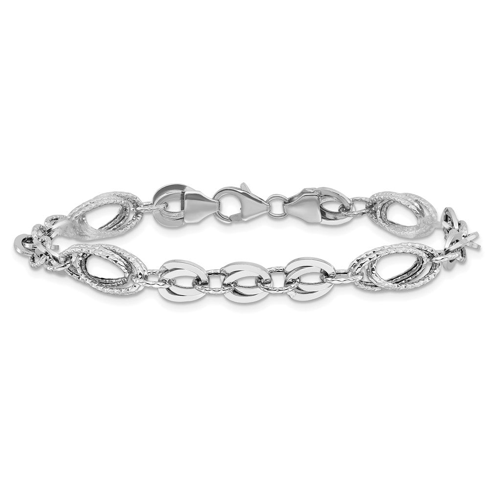 14k White Gold 8 mm White Polished & Textured Oval Fancy Link Bracelet (4.17 grams)