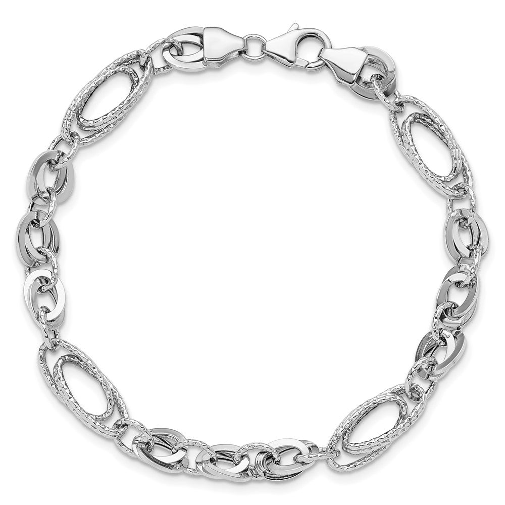 14k White Gold 8 mm White Polished & Textured Oval Fancy Link Bracelet (4.17 grams)