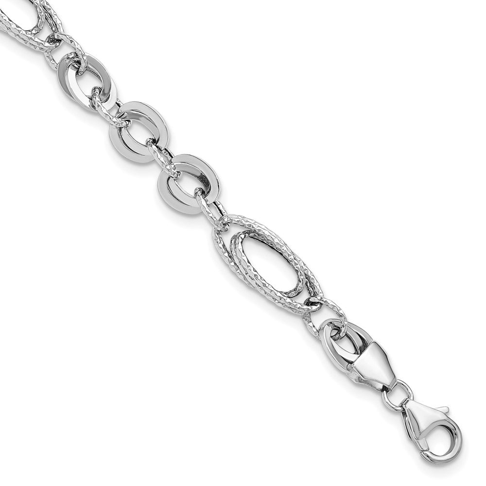 14k White Gold 8 mm White Polished & Textured Oval Fancy Link Bracelet (4.17 grams)