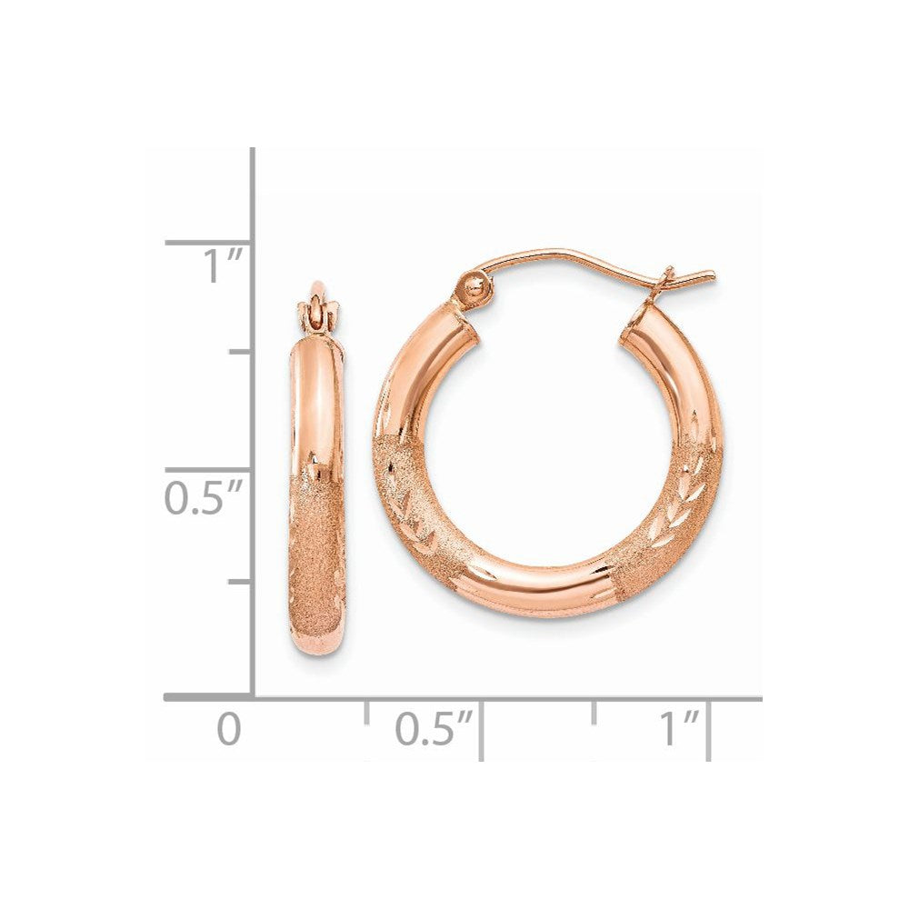 14k Rose Gold 3 mm Satin and Diamond-cut Hoop Earrings (1.57 grams)