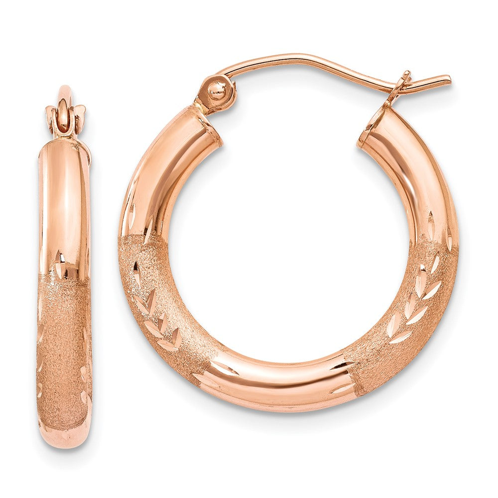 14k Rose Gold 3 mm Satin and Diamond-cut Hoop Earrings (1.57 grams)