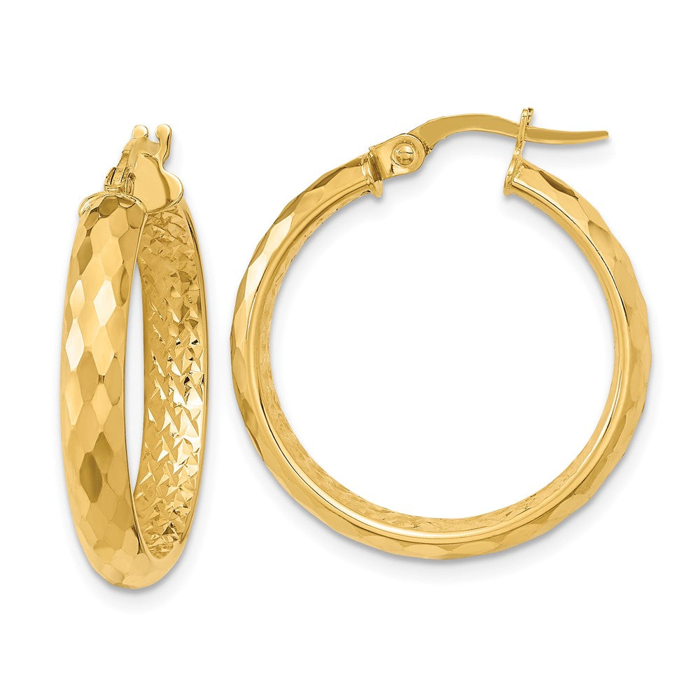14k Yellow Gold 24.14 mm Polished and Textured Diamond-cut Inside Fancy Hoop Earrings (2.03 grams)
