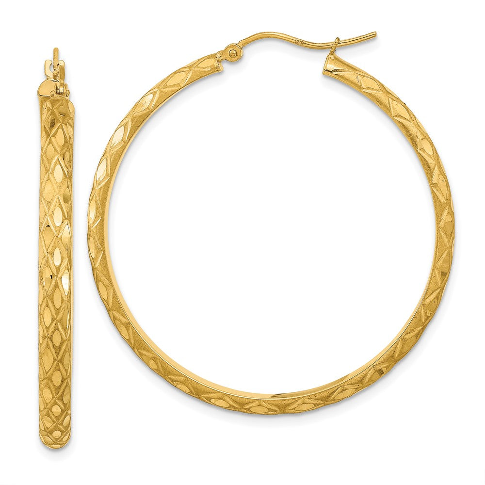 14k Yellow Gold 40.77 mm Polished and Satin Diamond-cut Diamond Pattern Hoop Earrings (3.84 grams)