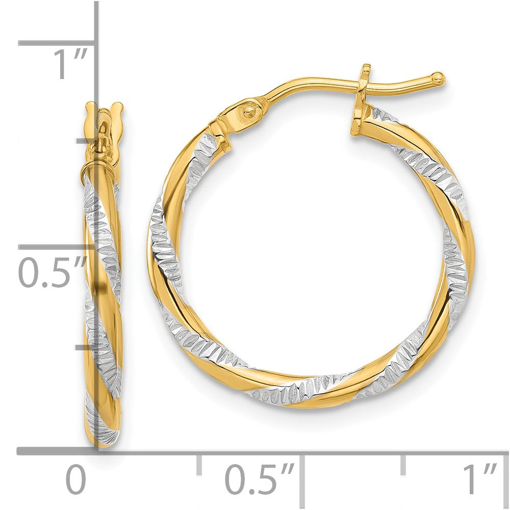 14k Yellow & Rhodium 19.5 mm  Polished Diamond-cut Hoop Earrings (1.15 grams)