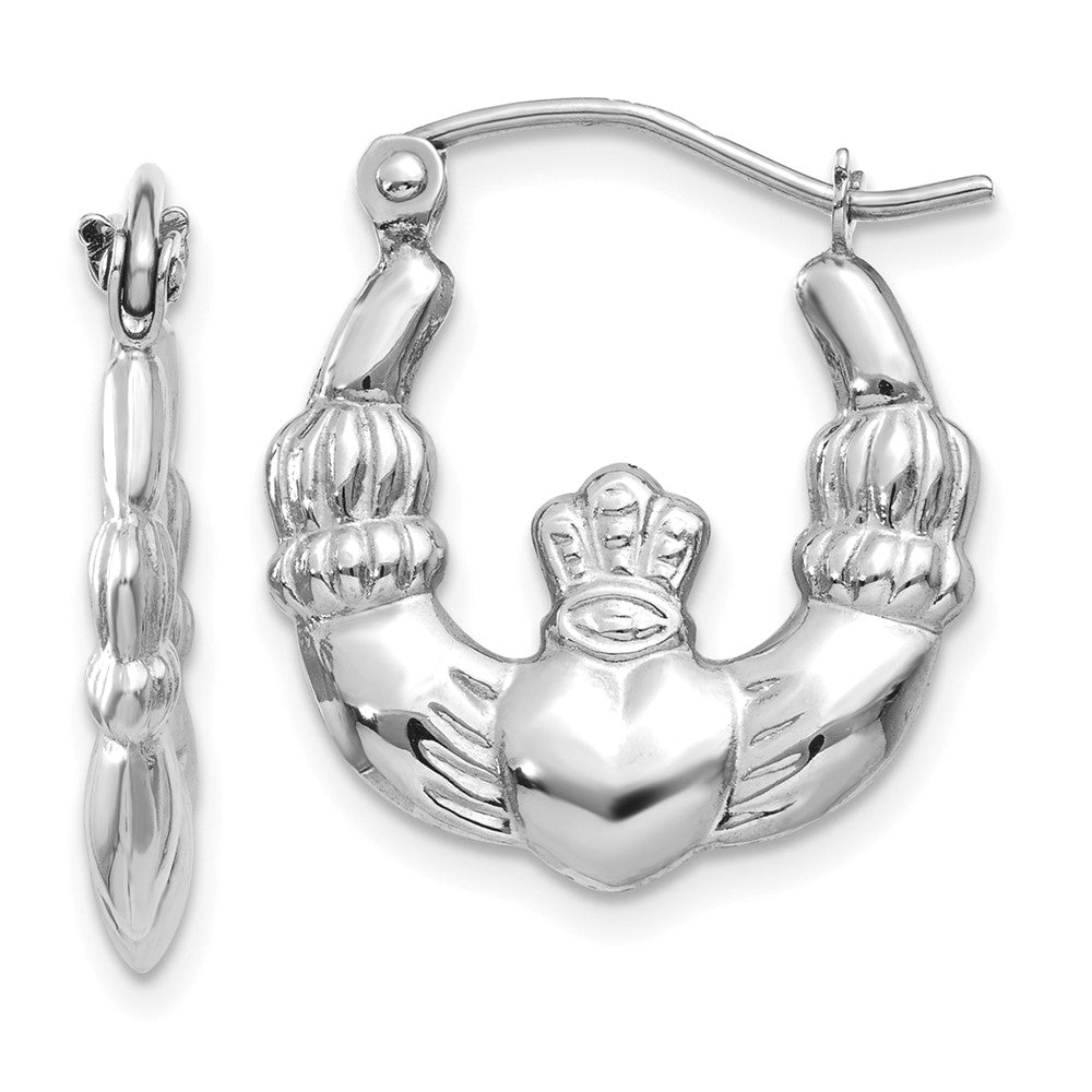 14k White Gold 2 mm Claddagh Hoop Earrings (1.3 grams)