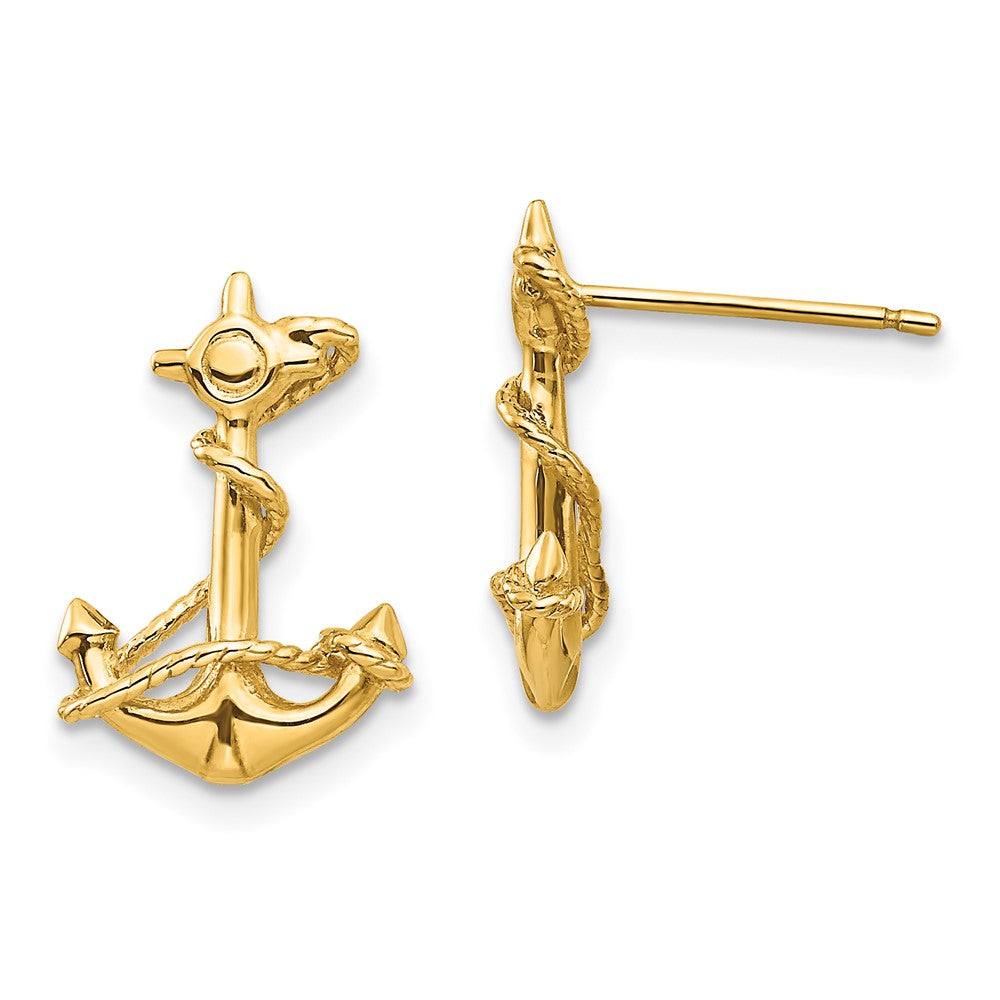 14k Yellow Gold 11 mm 3-D Anchor with Rope Post Earrings (2.4 grams)