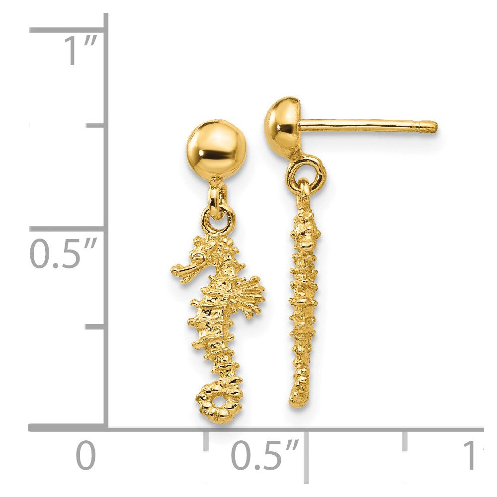 14k Yellow Gold 6 mm 3-D Mini Seahorse Dangle Post Earrings (1.4 grams)