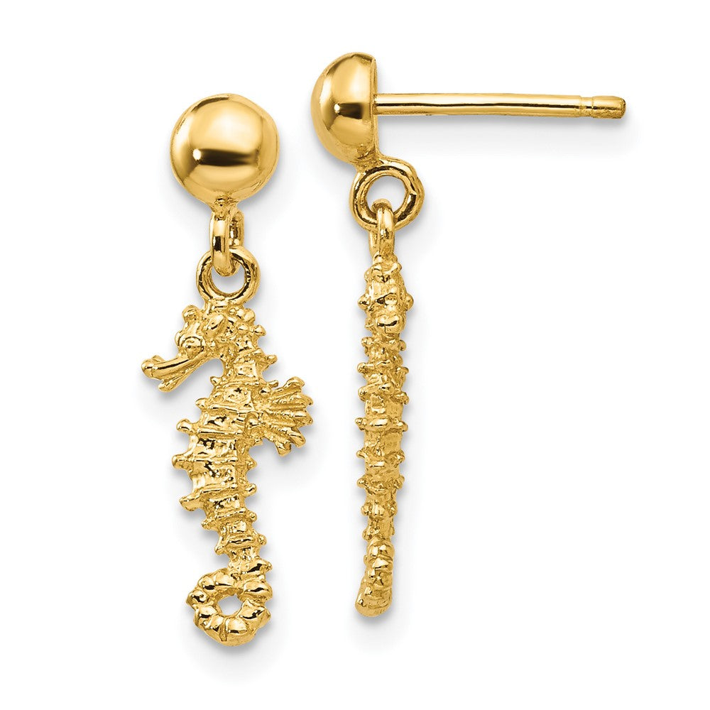 14k Yellow Gold 6 mm 3-D Mini Seahorse Dangle Post Earrings