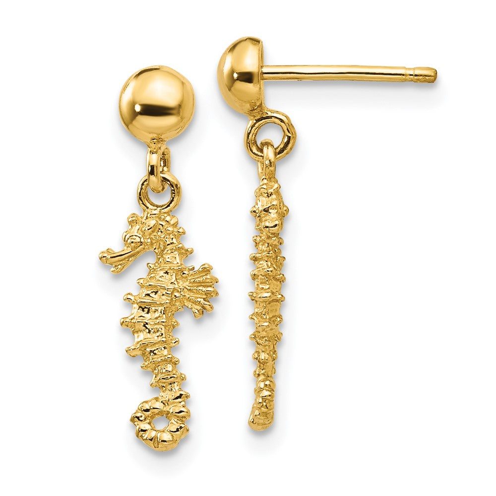 14k Yellow Gold 6 mm 3-D Mini Seahorse Dangle Post Earrings (1.4 grams)