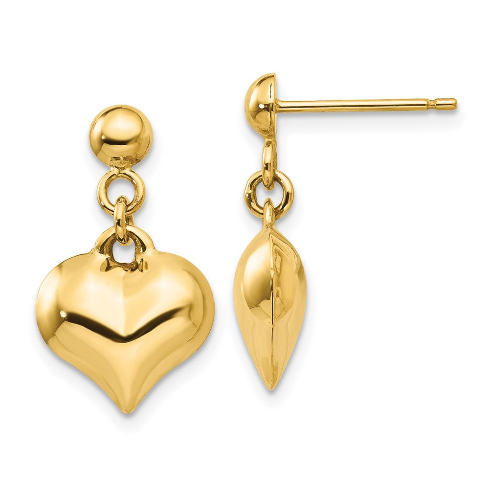 14k Yellow Gold 12 mm Polished Puffed Heart Dangle Post Earrings