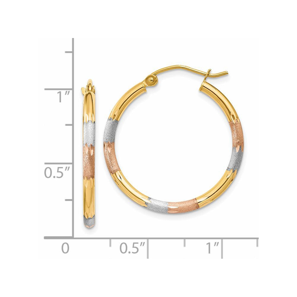 14k Yellow & Rhodium 2 mm Satin & D/C Hoop Earrings