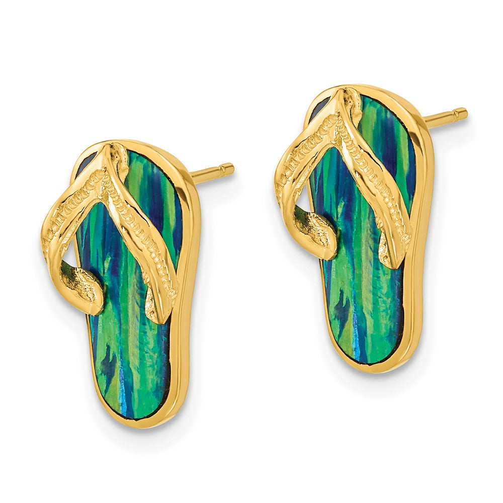 14k Yellow Gold 8 mm Polished w/Created Blue Opal Flip Flop Post Earrings (2.94 grams)