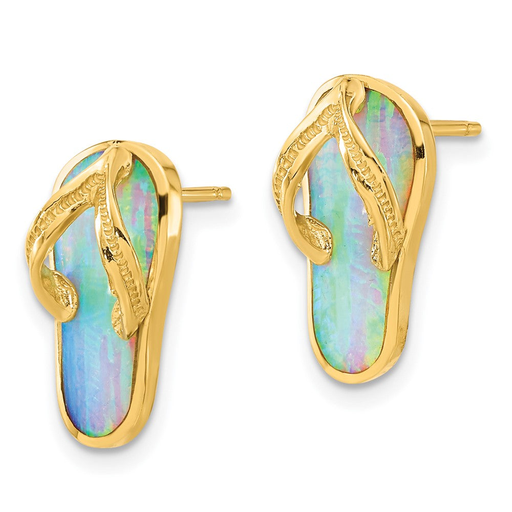 14k Yellow Gold 8 mm Polished w/Created White Opal Flip Flop Post Earrings (2.97 grams)