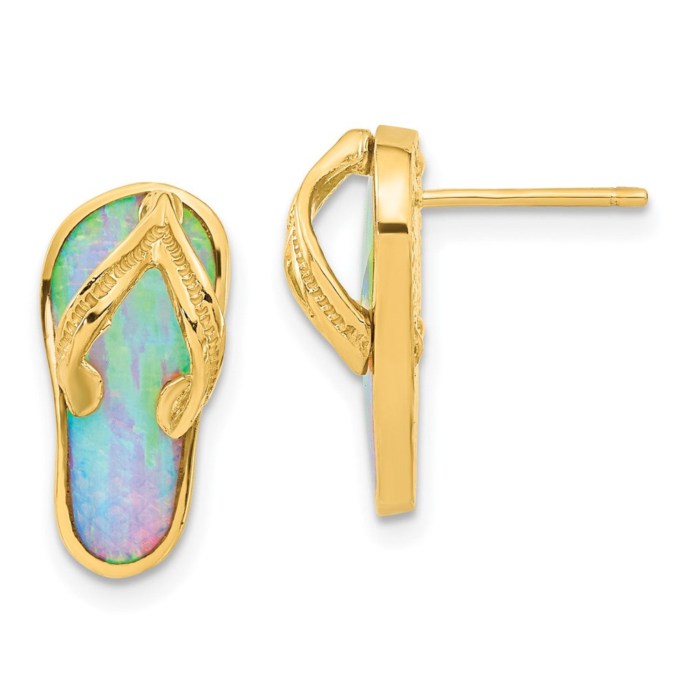 14k Yellow Gold 8 mm Polished w/Created White Opal Flip Flop Post Earrings (2.97 grams)