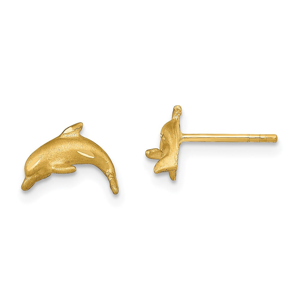 14k Yellow Gold 9.5 mm Satin Diamond-cut Dolphin Post Earrings (1.08 grams)