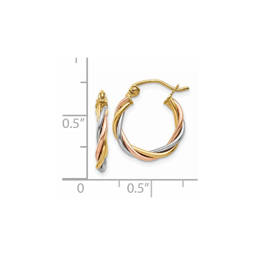 14k Tri-Color 14 mm Twisted Hoop Earrings (1.51 grams)