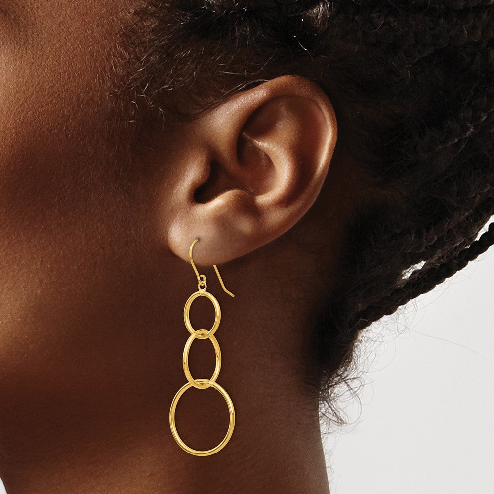 14k Yellow Gold 16 mm 3 Circle Dangle Wire Earrings