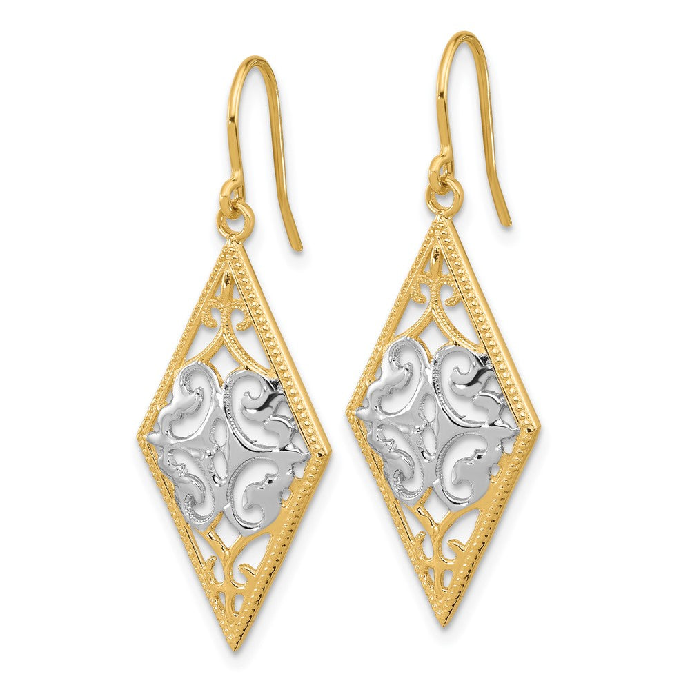 14k Yellow & Rhodium 14 mm  Diamond Shape Filigree Dangle Earrings (3.04 grams)