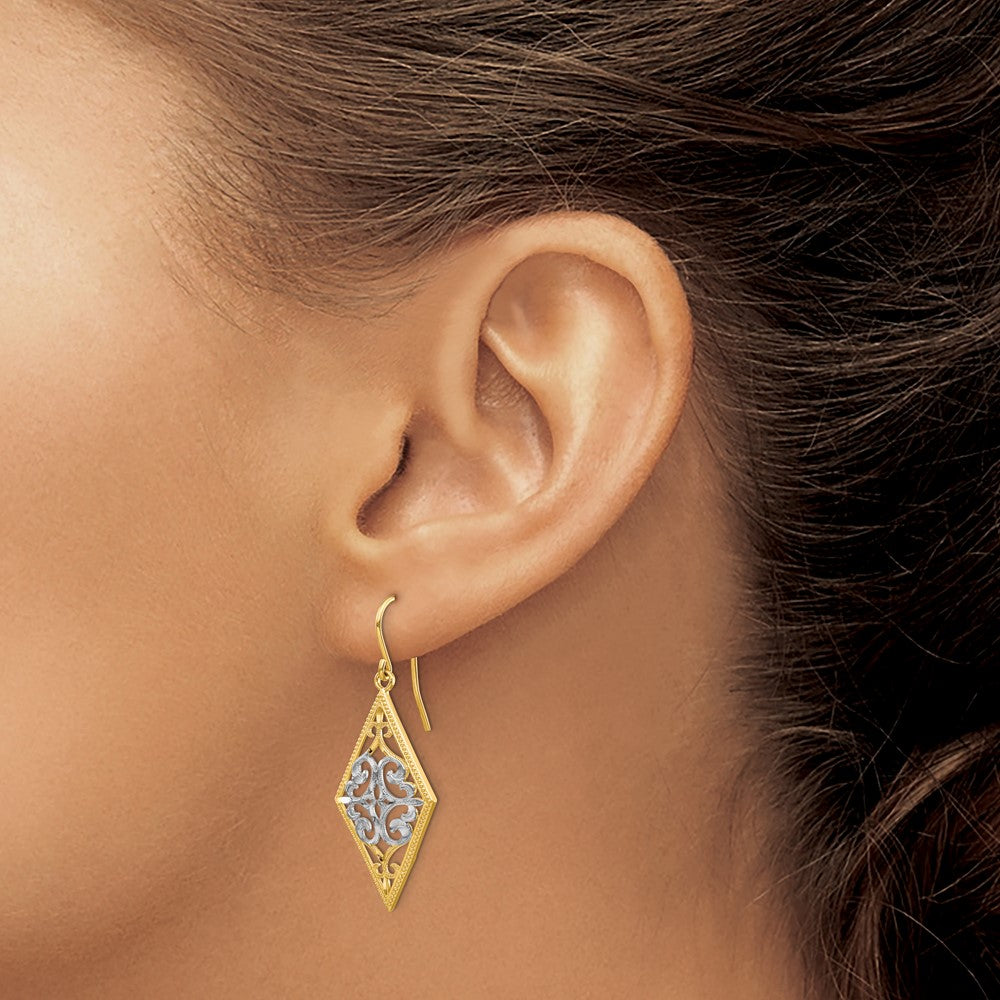 14k Yellow & Rhodium 14 mm  Diamond Shape Filigree Dangle Earrings (3.04 grams)