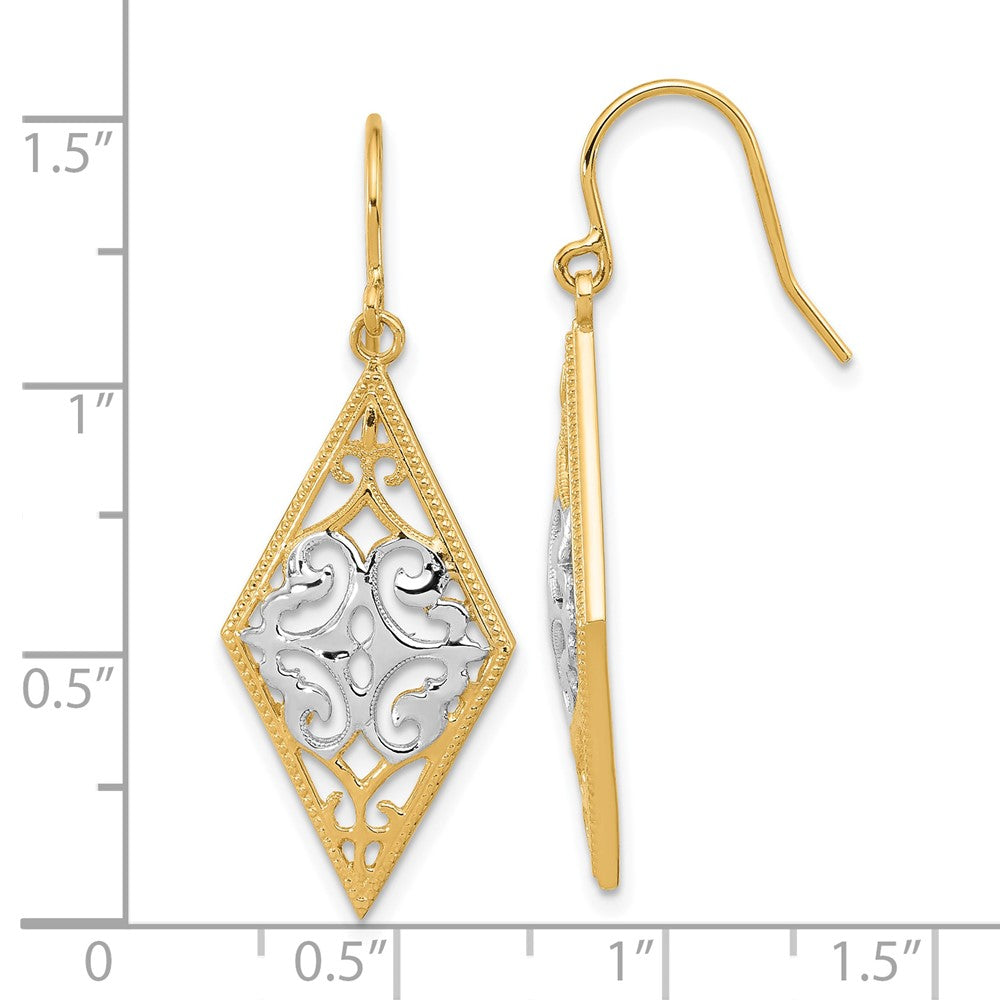 14k Yellow & Rhodium 14 mm  Diamond Shape Filigree Dangle Earrings (3.04 grams)