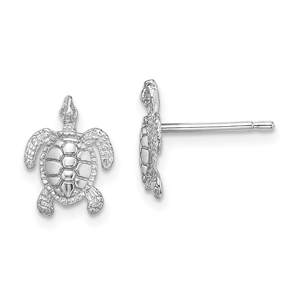 14k White Gold 8.6 mm  Polished / Textured Sea Turtle Post Earrings (1.41 grams)