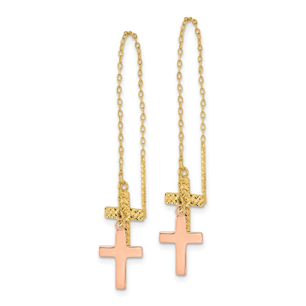 14k Two-tone 7 mm Yellow & Rose D/C Polished Crosses Threader Earrings