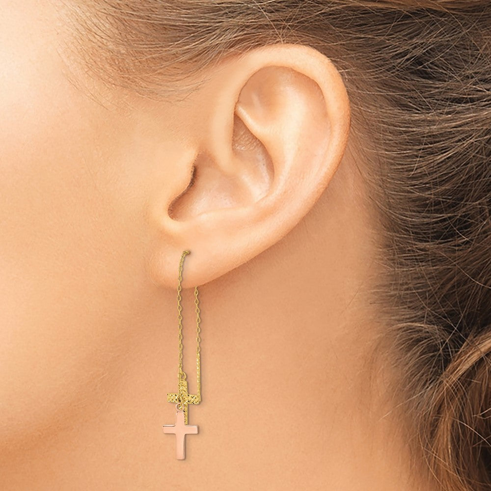 14k Two-tone 7 mm Yellow & Rose D/C Polished Crosses Threader Earrings (0.92 grams)