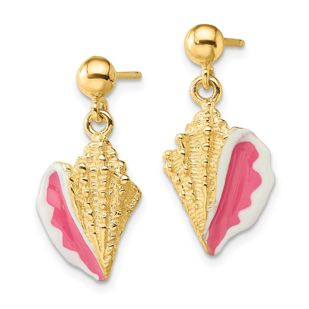14k Yellow Gold 10.7 mm White and Pink Enamel Conch Shell Dangle Earrings (3.39 grams)