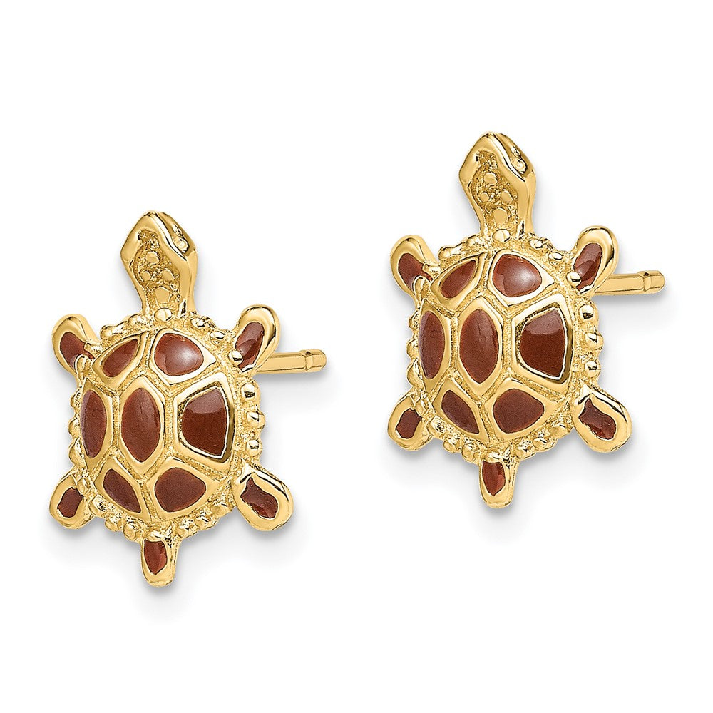 14k Yellow Gold 9 mm Sea Turtle W/Spiny Brown Enamel Shell Earrings (1.74 grams)