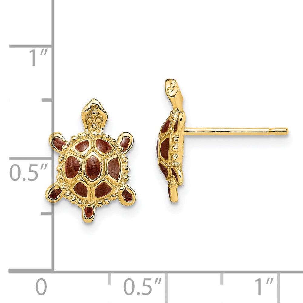 14k Yellow Gold 9 mm Sea Turtle W/Spiny Brown Enamel Shell Earrings (1.74 grams)