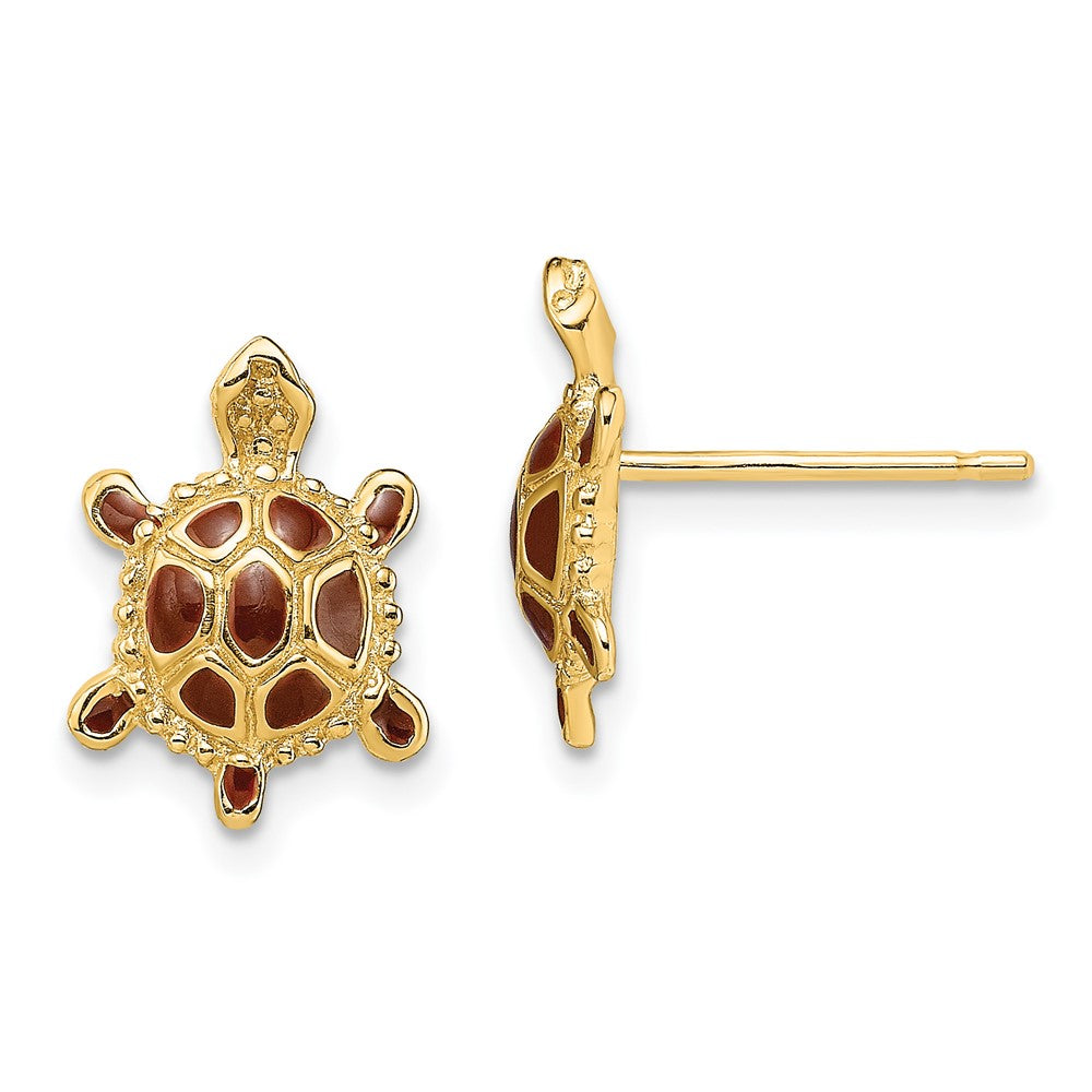 14k Yellow Gold 9 mm Sea Turtle W/Spiny Brown Enamel Shell Earrings (1.74 grams)