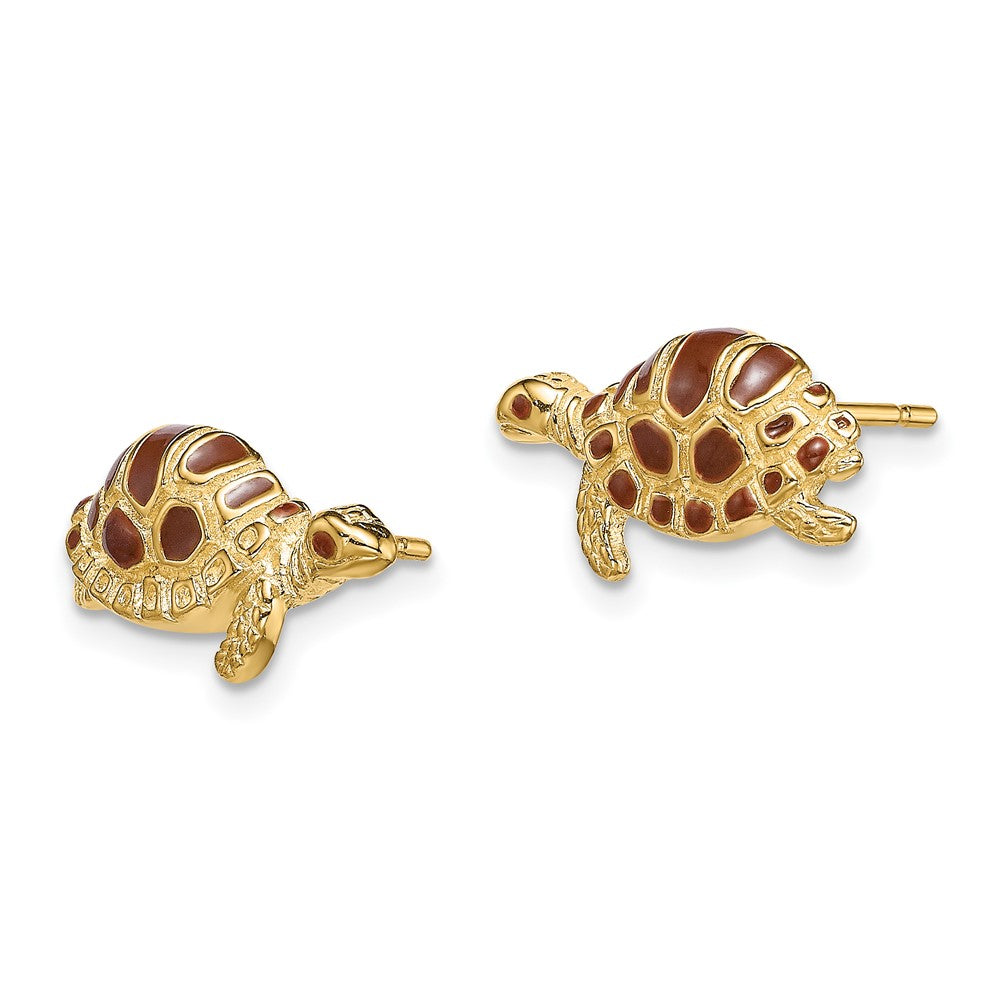 14k Yellow Gold 8.3 mm Brown Enamel Turtle Post Earrings (2.06 grams)