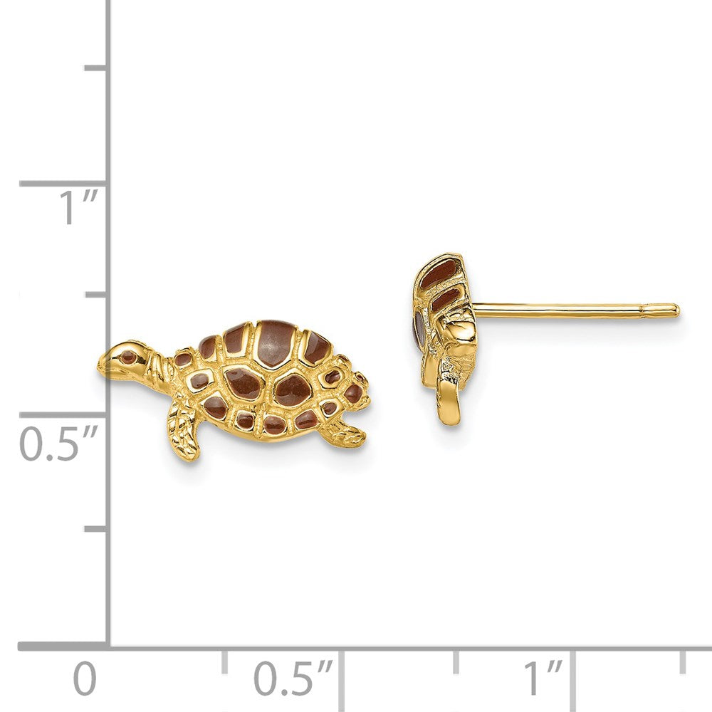 14k Yellow Gold 8.3 mm Brown Enamel Turtle Post Earrings (2.06 grams)
