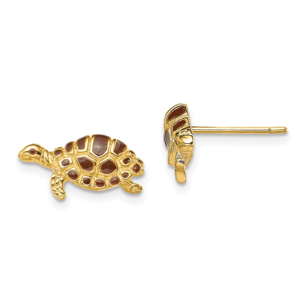 14k Yellow Gold 8.3 mm Brown Enamel Turtle Post Earrings (2.06 grams)