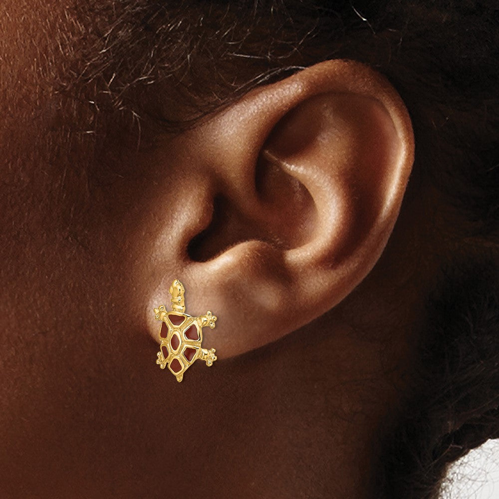 14k Yellow Gold 11.4 mm w/ Brown Enamel Tortoise Post Earrings