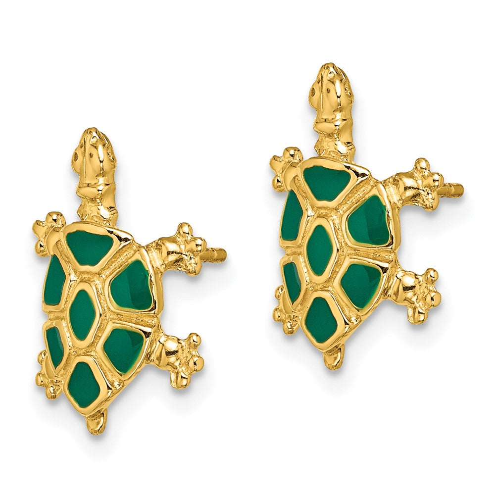 14k Yellow Gold 11.35 mm Land Turtle W/Green Enamel Shell Earrings