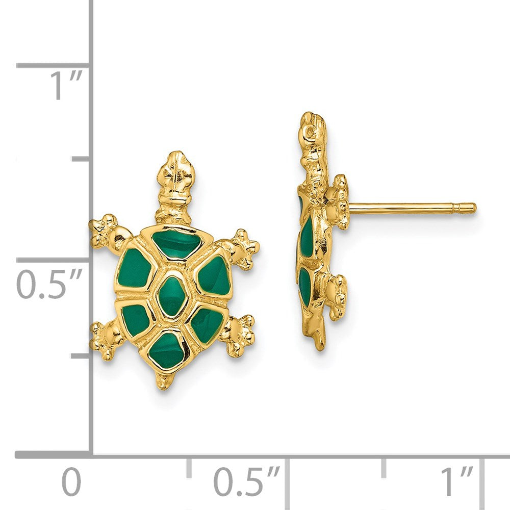14k Yellow Gold 11.35 mm Land Turtle W/Green Enamel Shell Earrings