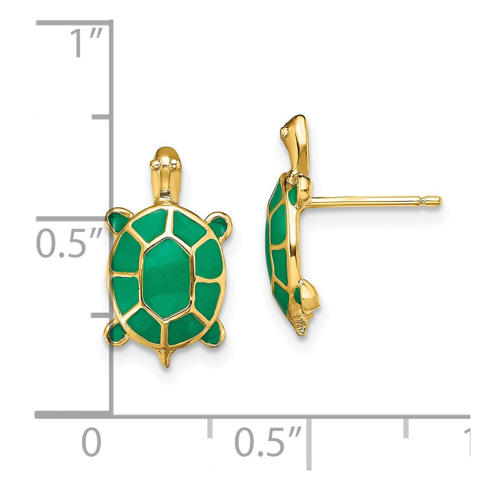 14k Yellow Gold 8.8 mm Land Turtle W/Green Enamel Shell Earrings