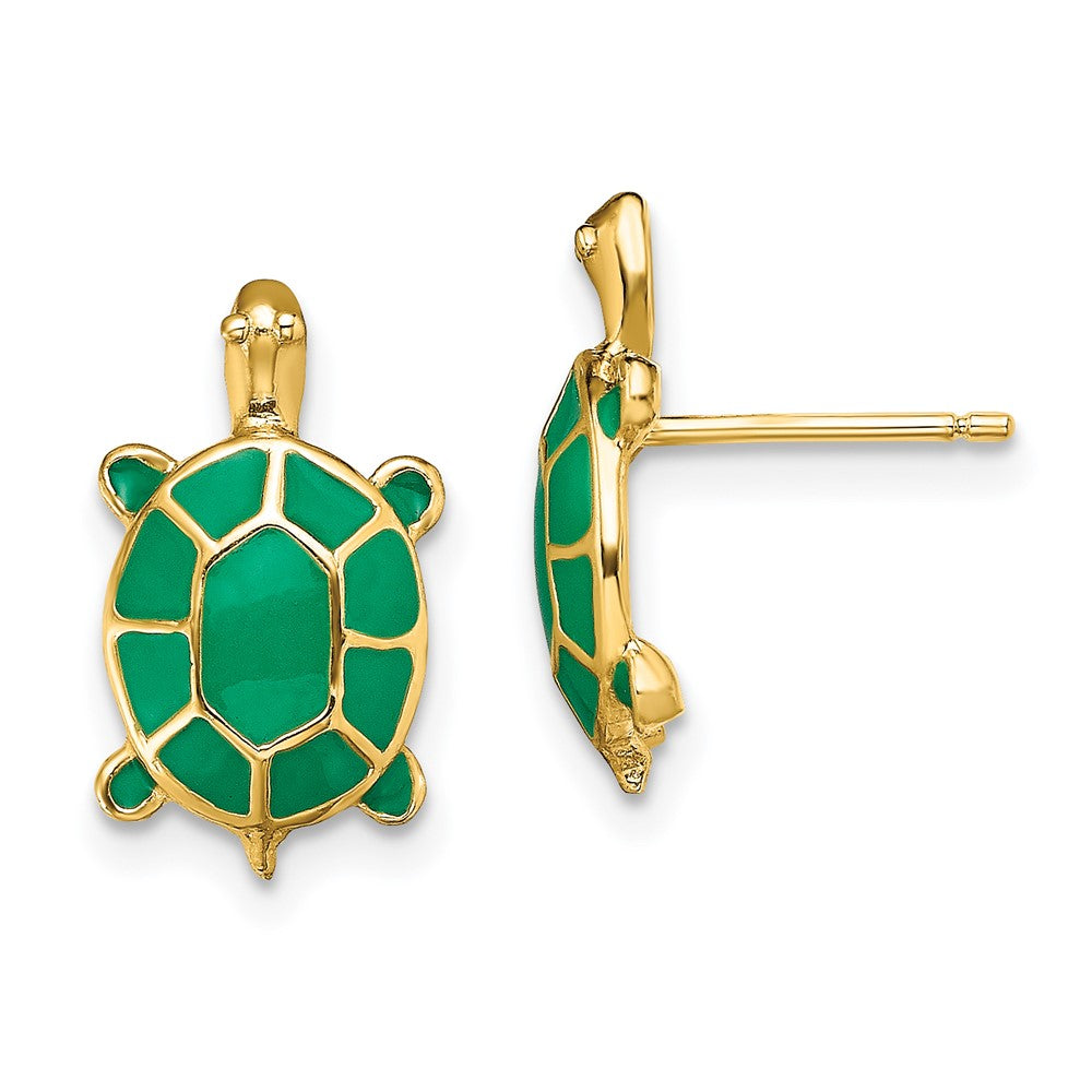 14k Yellow Gold 8.8 mm Land Turtle W/Green Enamel Shell Earrings