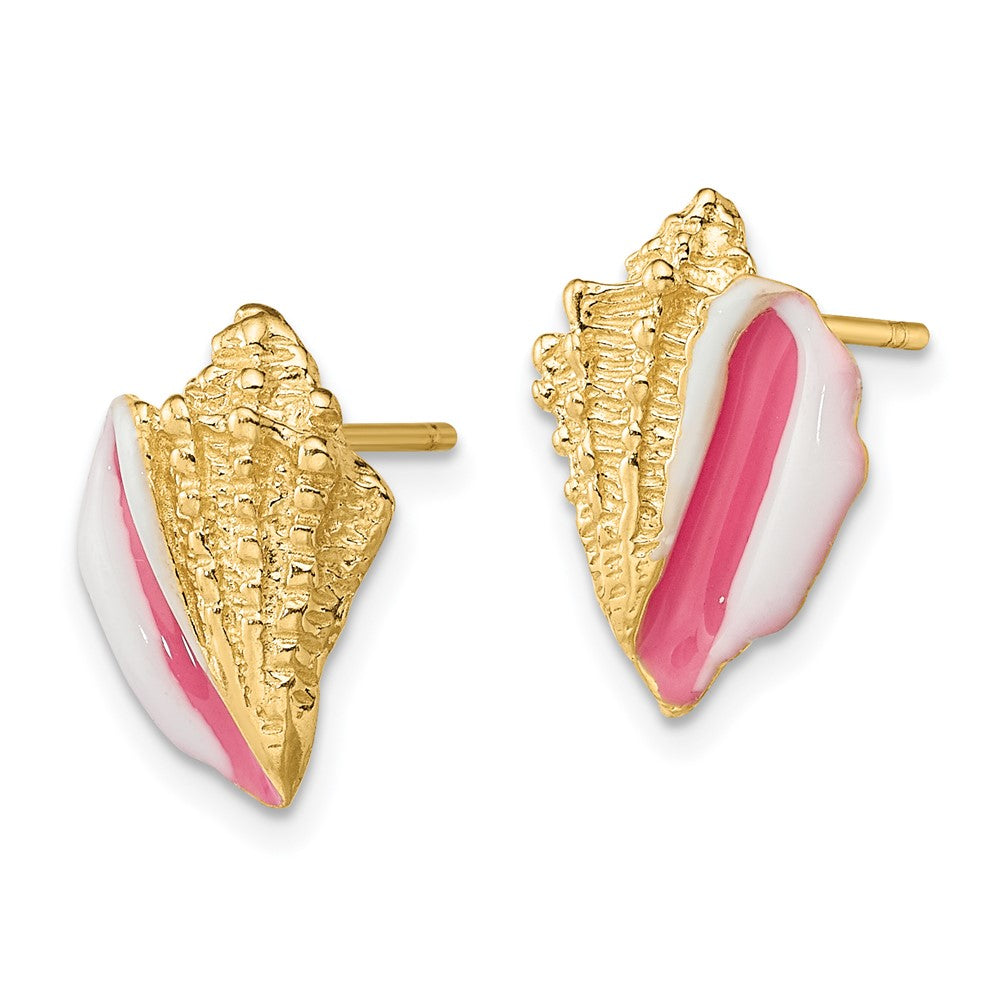 14k Yellow Gold 10.3 mm White and Pink Enamel Conch Shell Post Earrings (2.74 grams)