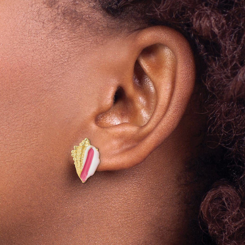 14k Yellow Gold 10.3 mm White and Pink Enamel Conch Shell Post Earrings (2.74 grams)