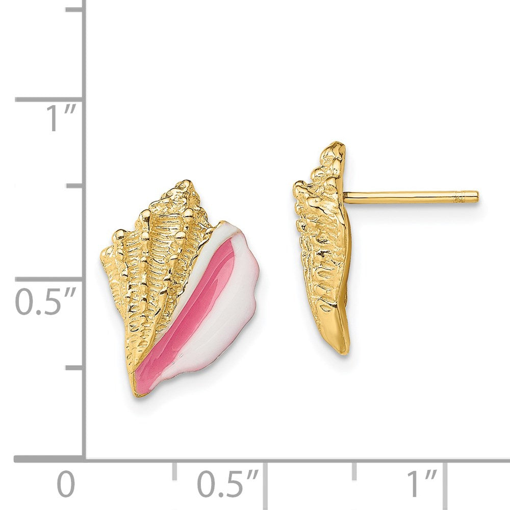 14k Yellow Gold 10.3 mm White and Pink Enamel Conch Shell Post Earrings (2.74 grams)
