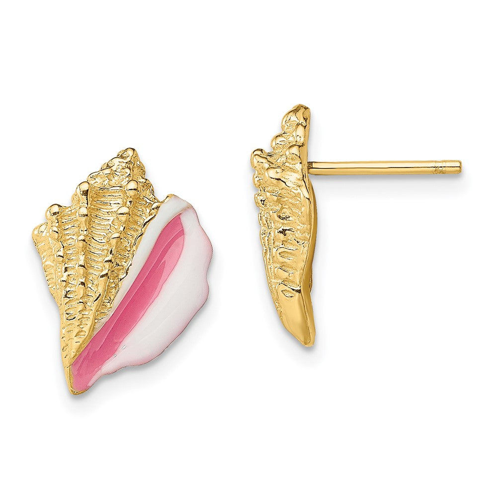 14k Yellow Gold 10.3 mm White and Pink Enamel Conch Shell Post Earrings (2.74 grams)