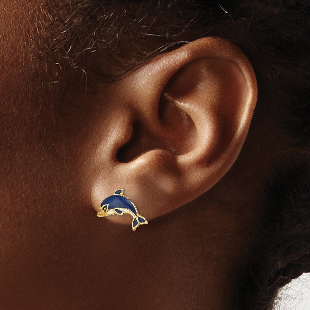 14k Yellow Gold 14.8 mm Blue and White Enamel Dolphin Post Earrings