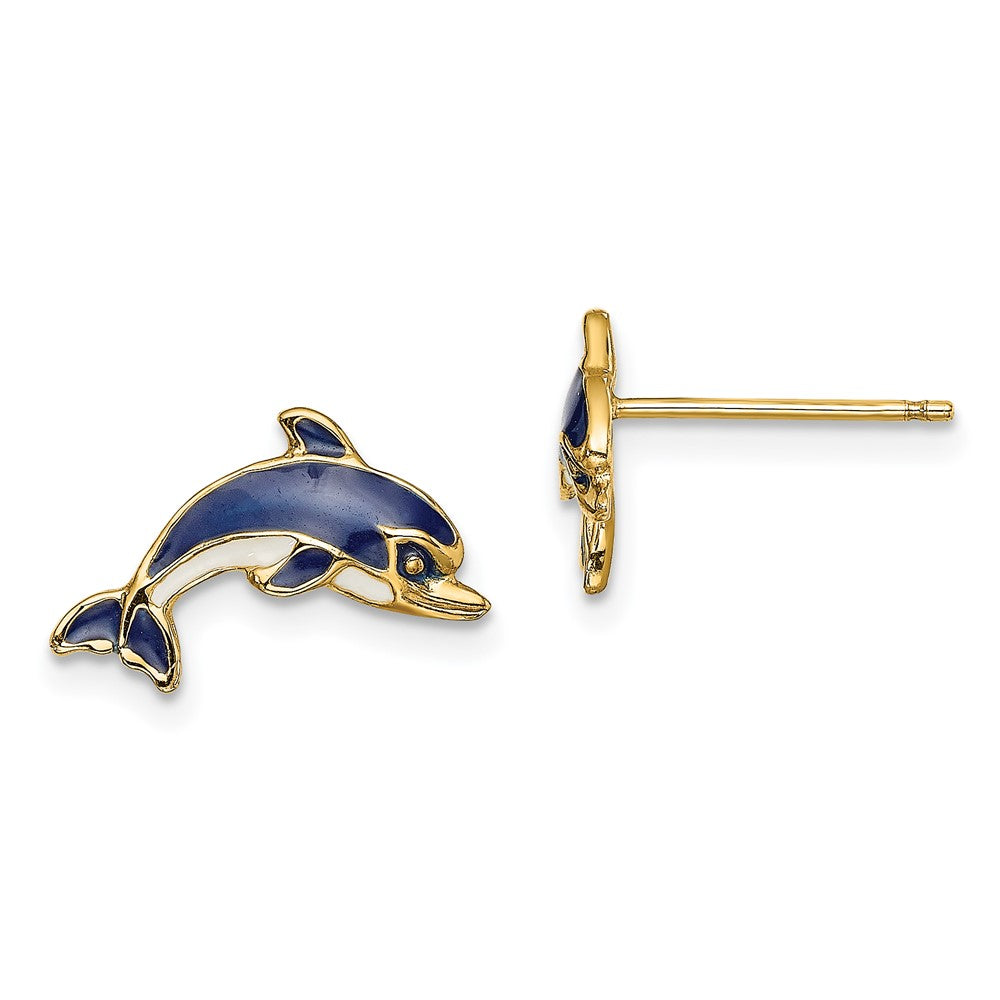 14k Yellow Gold 14.8 mm Blue and White Enamel Dolphin Post Earrings