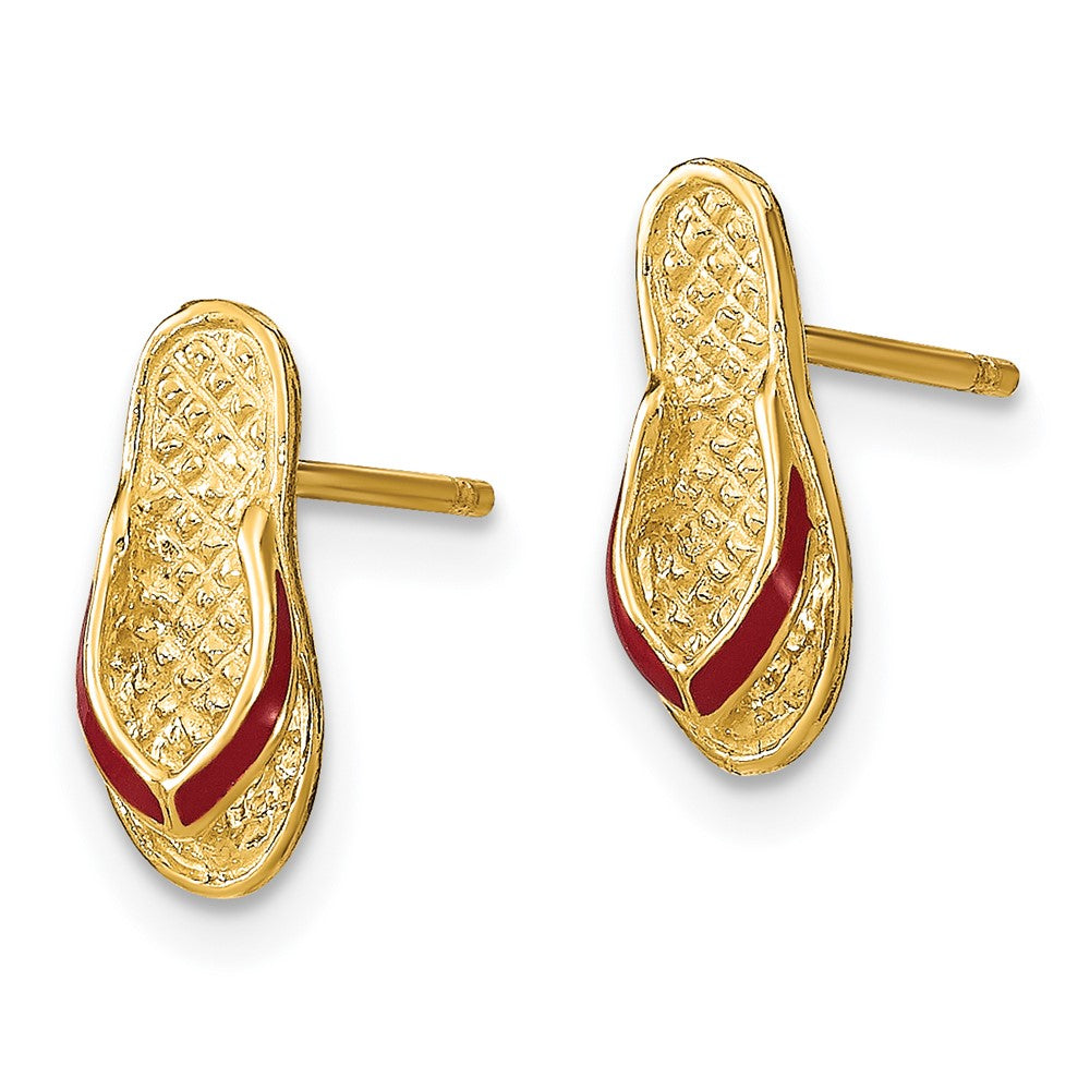 14k Yellow Gold 5 mm 3D W/ Fuschia Enamel Single Flip-Flop Post Earrings (1.17 grams)