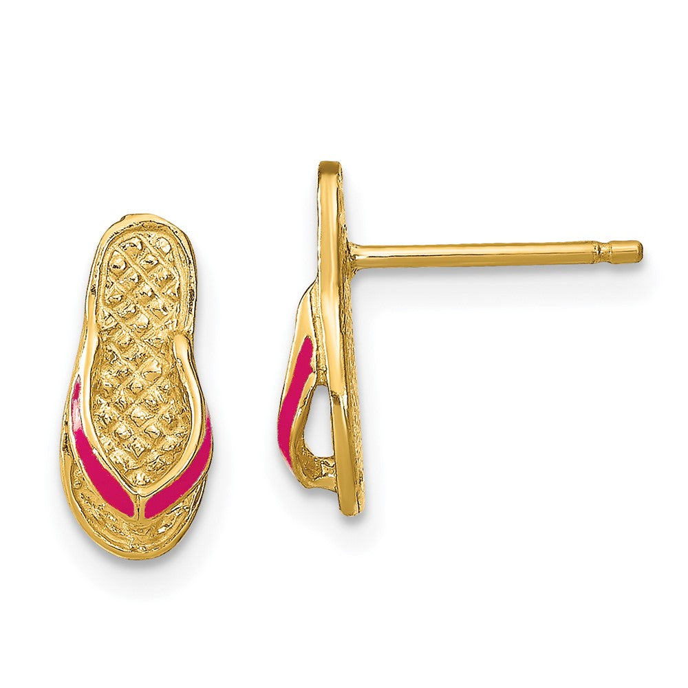 14k Yellow Gold 5 mm 3D W/ Fuschia Enamel Single Flip-Flop Post Earrings (1.17 grams)